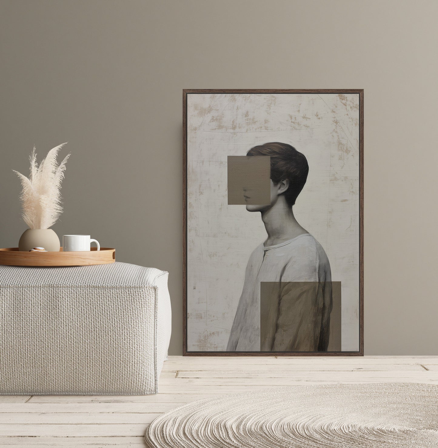 Masked canvas print portrait with geometric abstraction and muted palette in modern living room setting