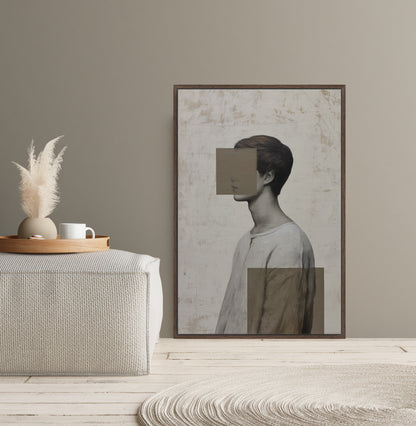 Masked canvas print portrait with geometric abstraction and muted palette in modern living room setting