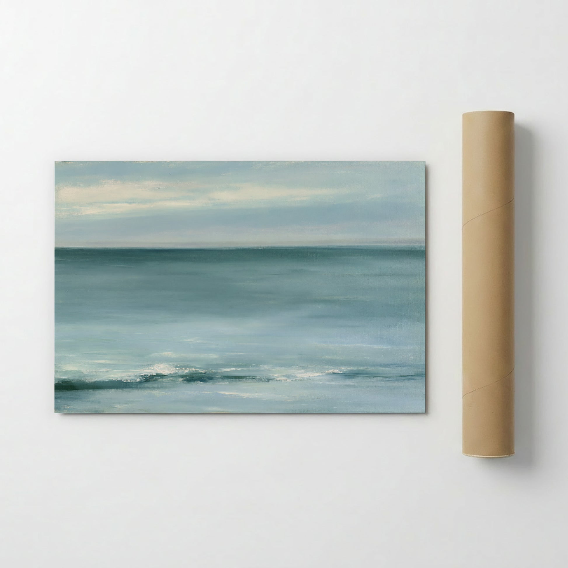 The image is a painting of a serene ocean scene, featuring a calm and tranquil atmosphere with a light blue-green color palette.