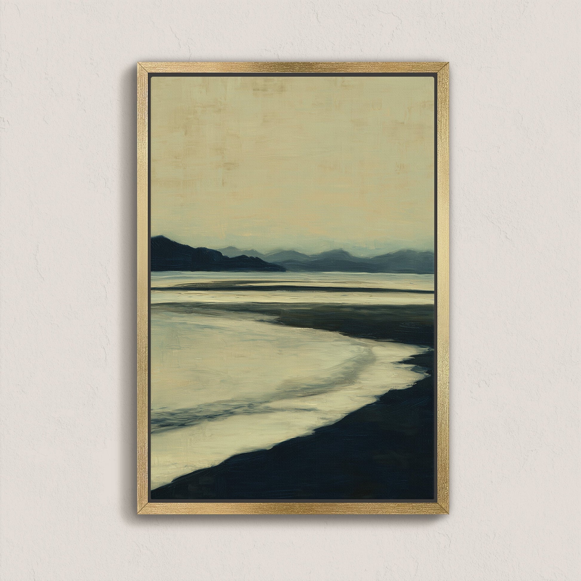 Echoes Canvas Print depicting calm shoreline at dusk with soft ochre and hazy blue tones in a natural wood frame