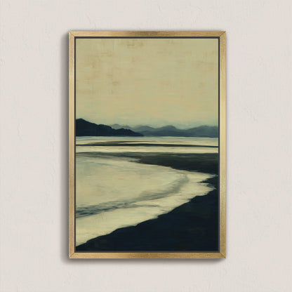 Echoes Canvas Print depicting calm shoreline at dusk with soft ochre and hazy blue tones in a natural wood frame
