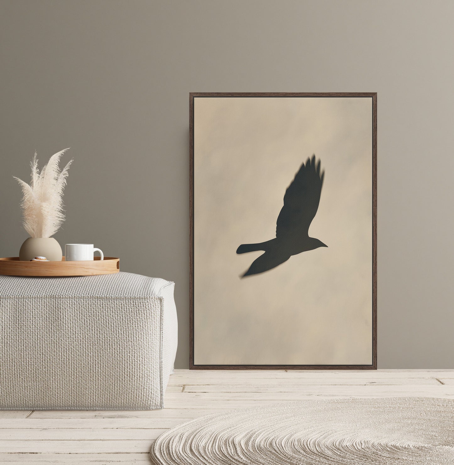 Minimalist Soar canvas print featuring bird silhouette in neutral tones for modern interiors