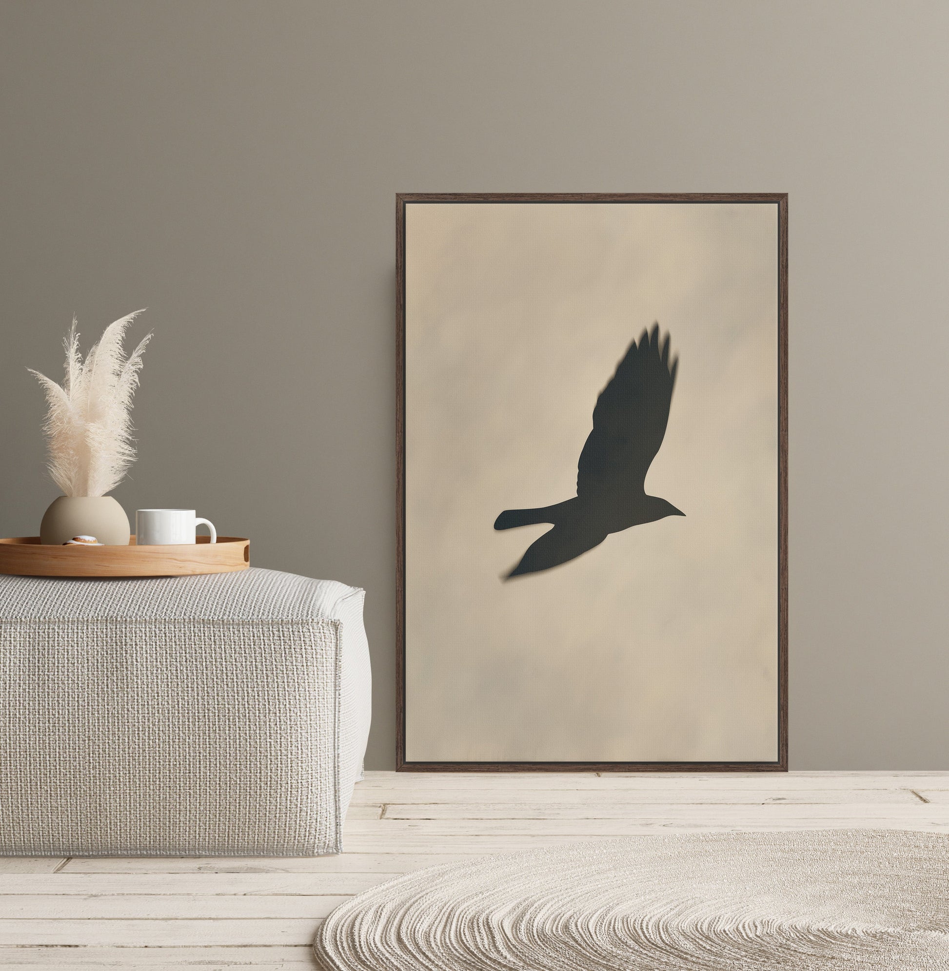 Minimalist Soar canvas print featuring bird silhouette in neutral tones for modern interiors