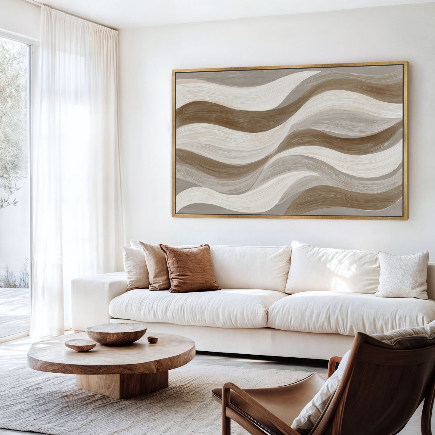 Abstract Flux canvas print with cream, taupe, and clay waves in a modern living room