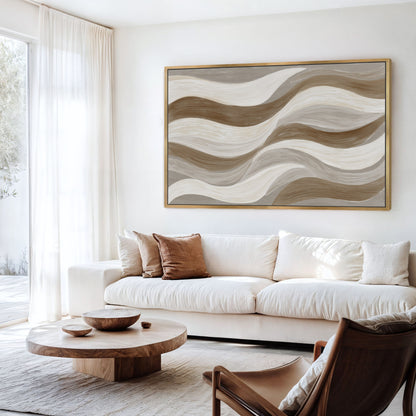 Abstract Flux canvas print with cream, taupe, and clay waves in a modern living room
