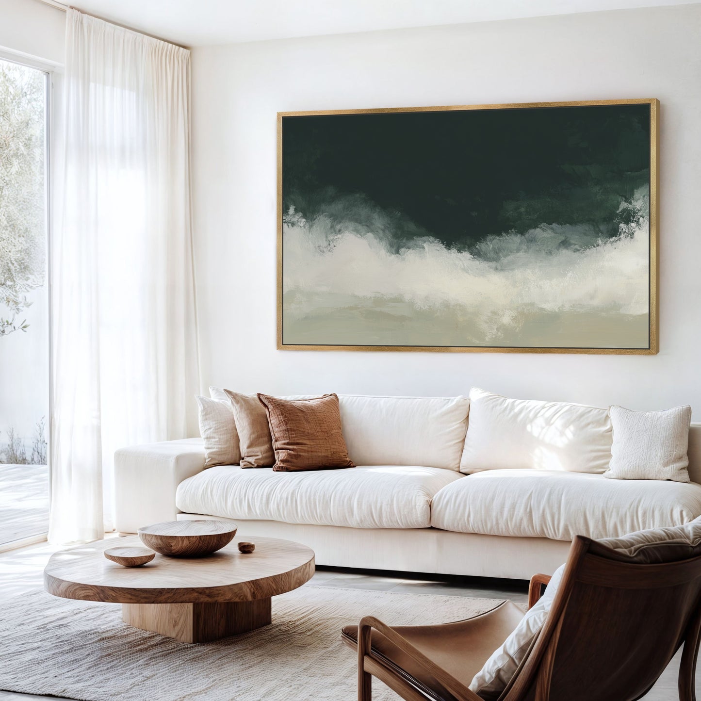 Surge Canvas Wall Art with deep emerald and soft white tones above white sofa in modern living room