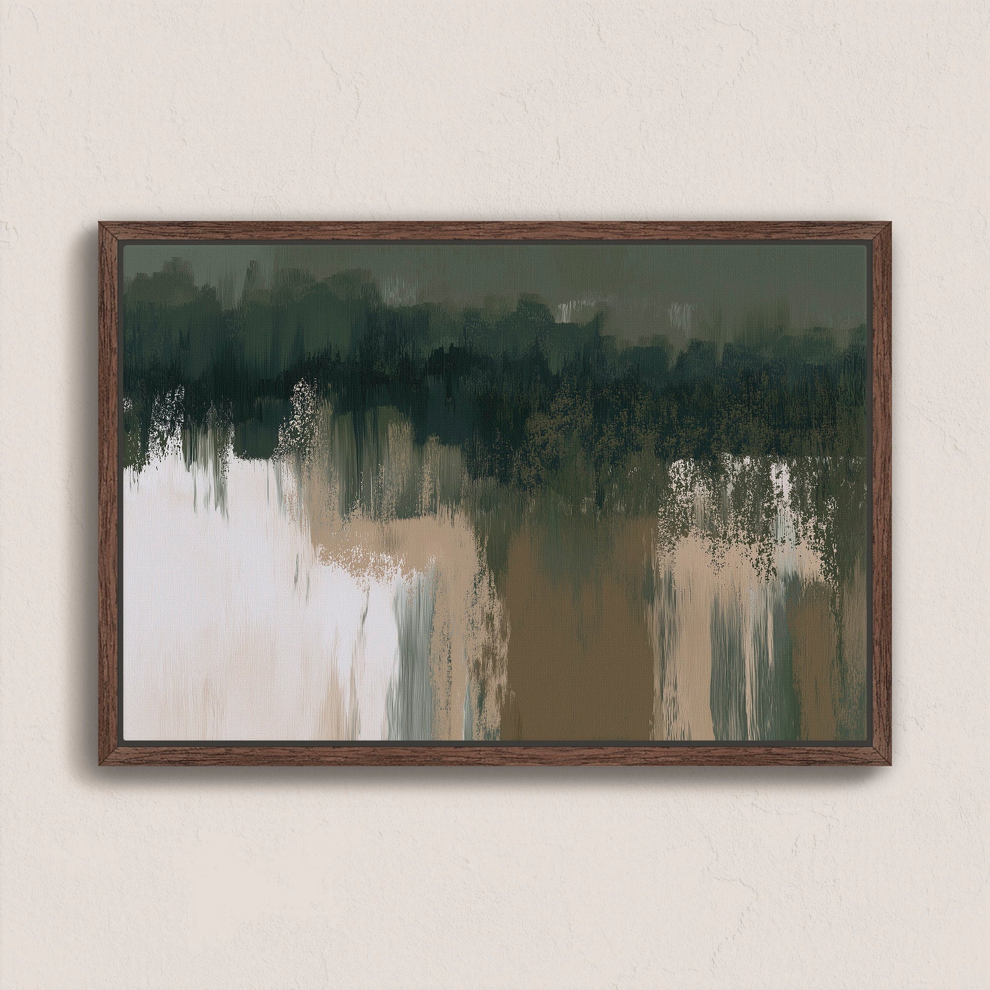 Abstract 'Forestline' canvas print with deep forest greens, warm taupe, and ivory tones in a wooden frame, evoking nature's quiet rhythm.