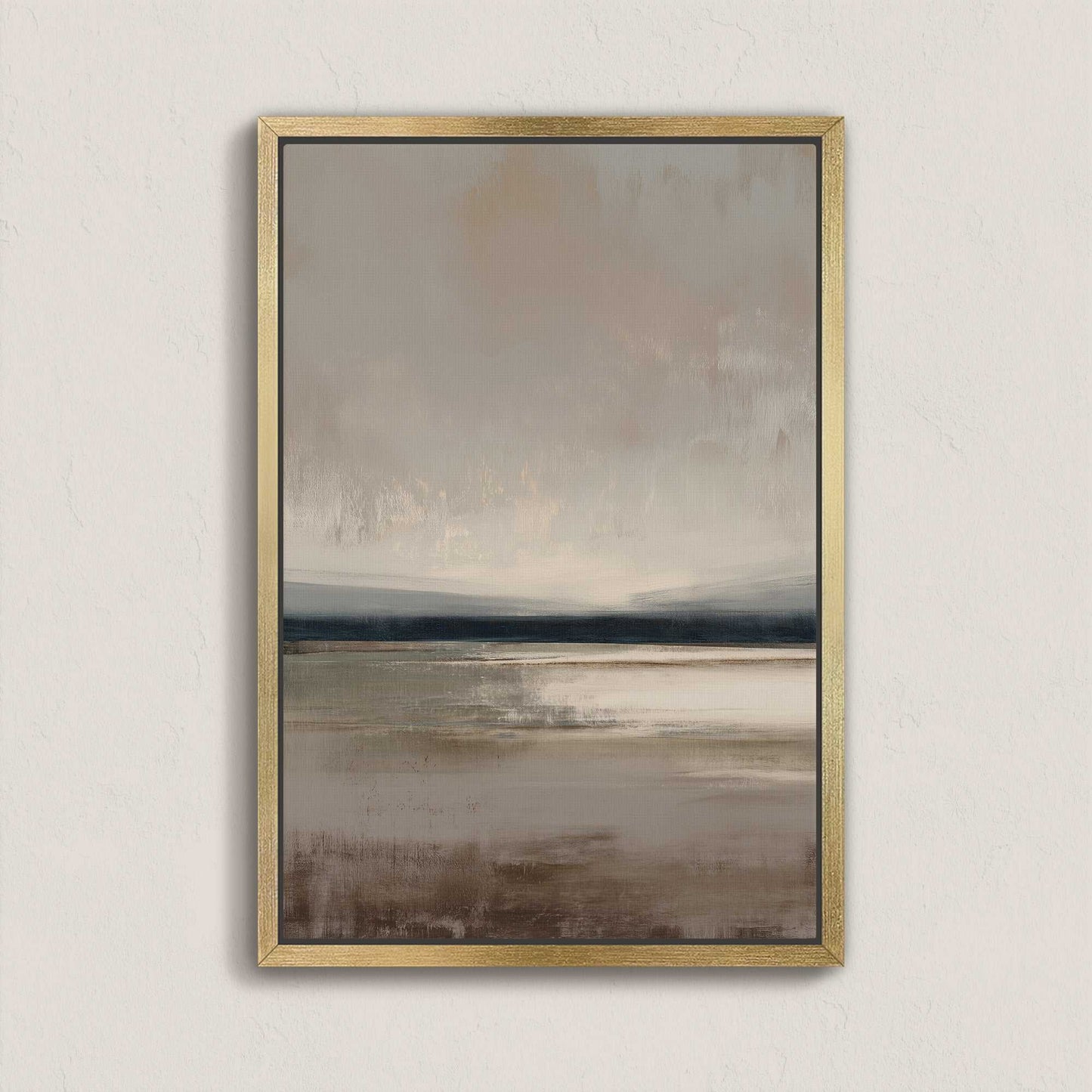 Vast canvas art with soft taupe, charcoal, and cream gradients in a gold frame showcasing a serene landscape horizon.