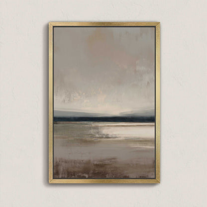 Vast canvas art with soft taupe, charcoal, and cream gradients in a gold frame showcasing a serene landscape horizon.