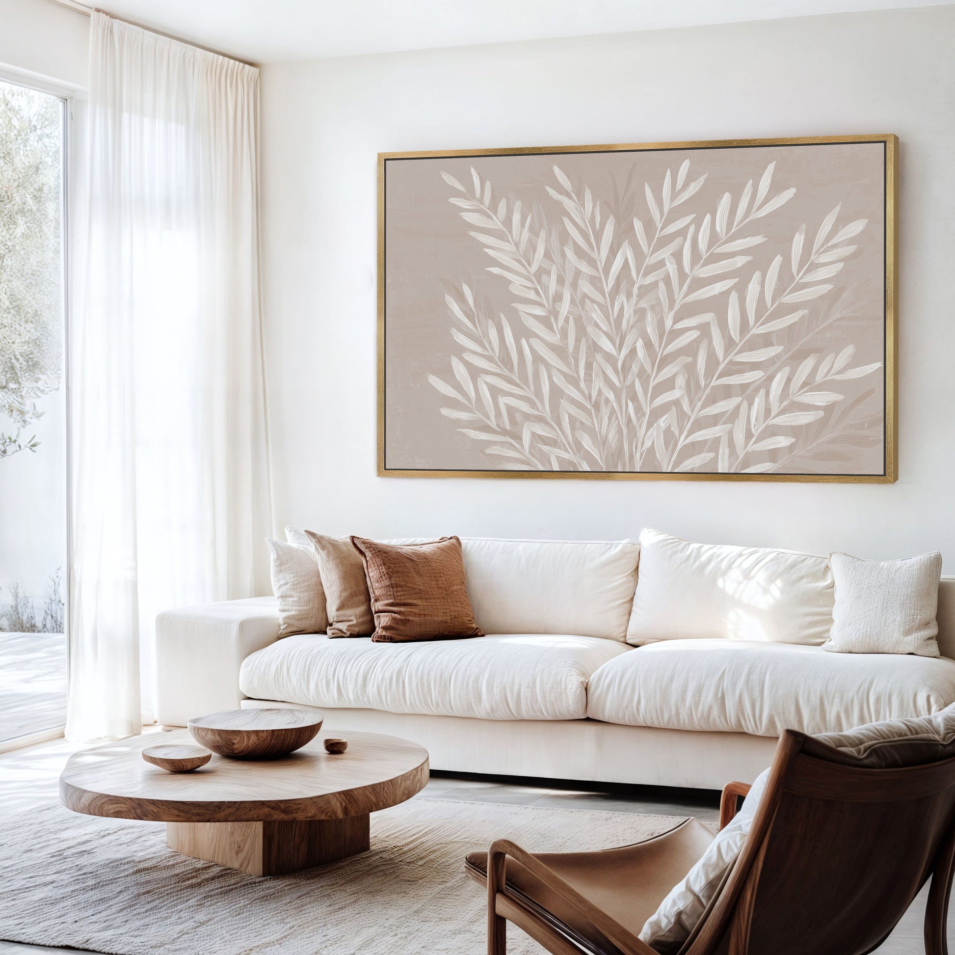 Whisper canvas print with ivory leaves on taupe background in modern living room