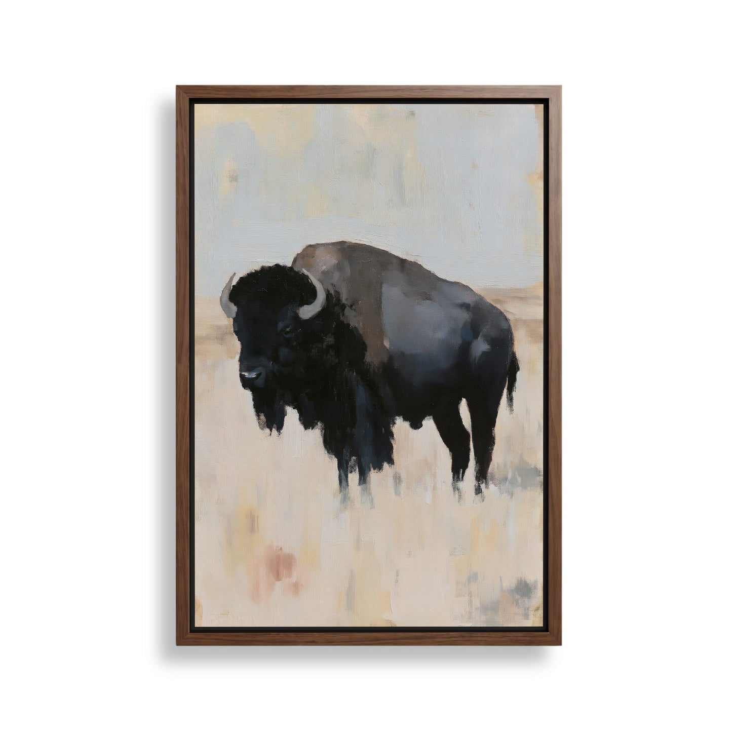 The image is a painting of a black buffalo standing in a field.