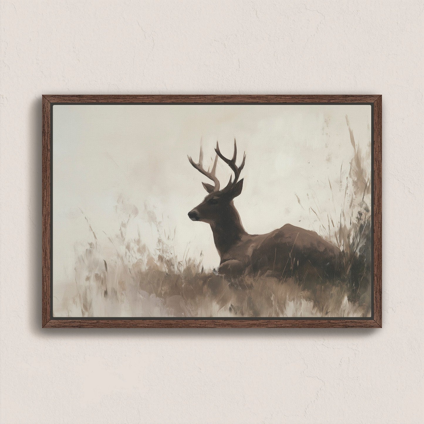 Haven Canvas Print featuring a resting deer in soft grasses with a neutral color palette and warm tones in a walnut frame