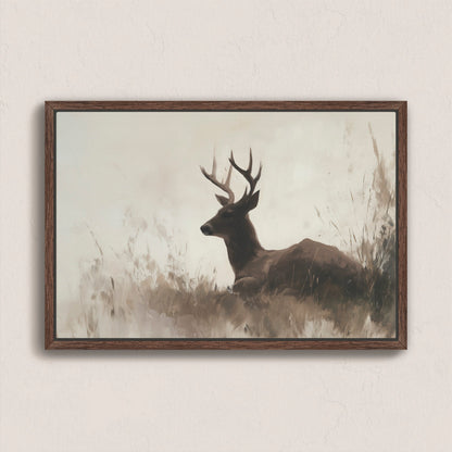 Haven Canvas Print featuring a resting deer in soft grasses with a neutral color palette and warm tones in a walnut frame