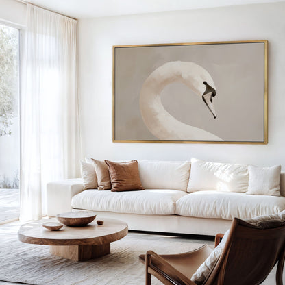 Lumine Canvas Print featuring elegant swan in muted tones, displayed in a modern minimalist living room.