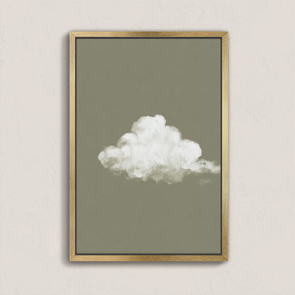'Trace' canvas print of a single white cloud on muted sage background with natural wood frame.