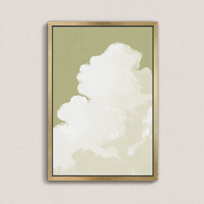 Rise Canvas Wall Art featuring a soft white cloud on a muted sage background in a natural wood frame for serene modern decor