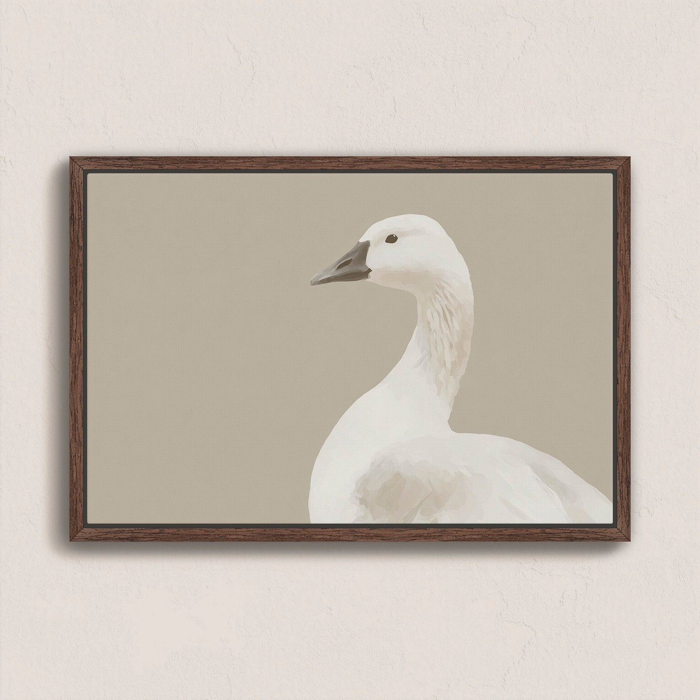 Grace Canvas Print of a white bird in soft cream and beige tones with a walnut wood frame on a beige background
