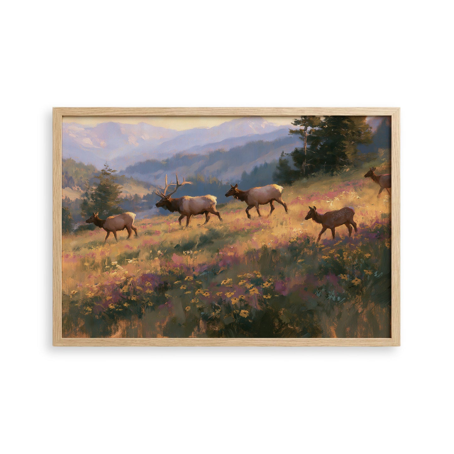 A group of elk walking through a field of wildflowers, with mountains in the background.