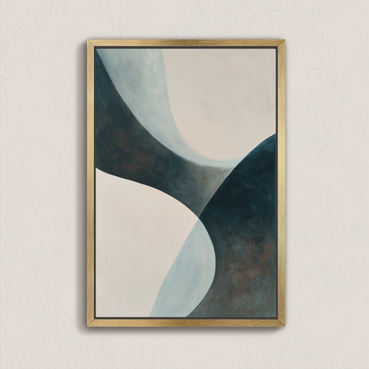 'Bend' canvas artwork with abstract soft curves in teal, cream, and muted earth tones, framed in light wood, modern minimalist wall art.