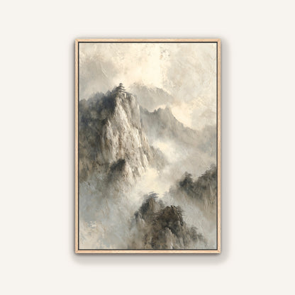 The image is a painting of a mountain landscape with a cloudy sky.