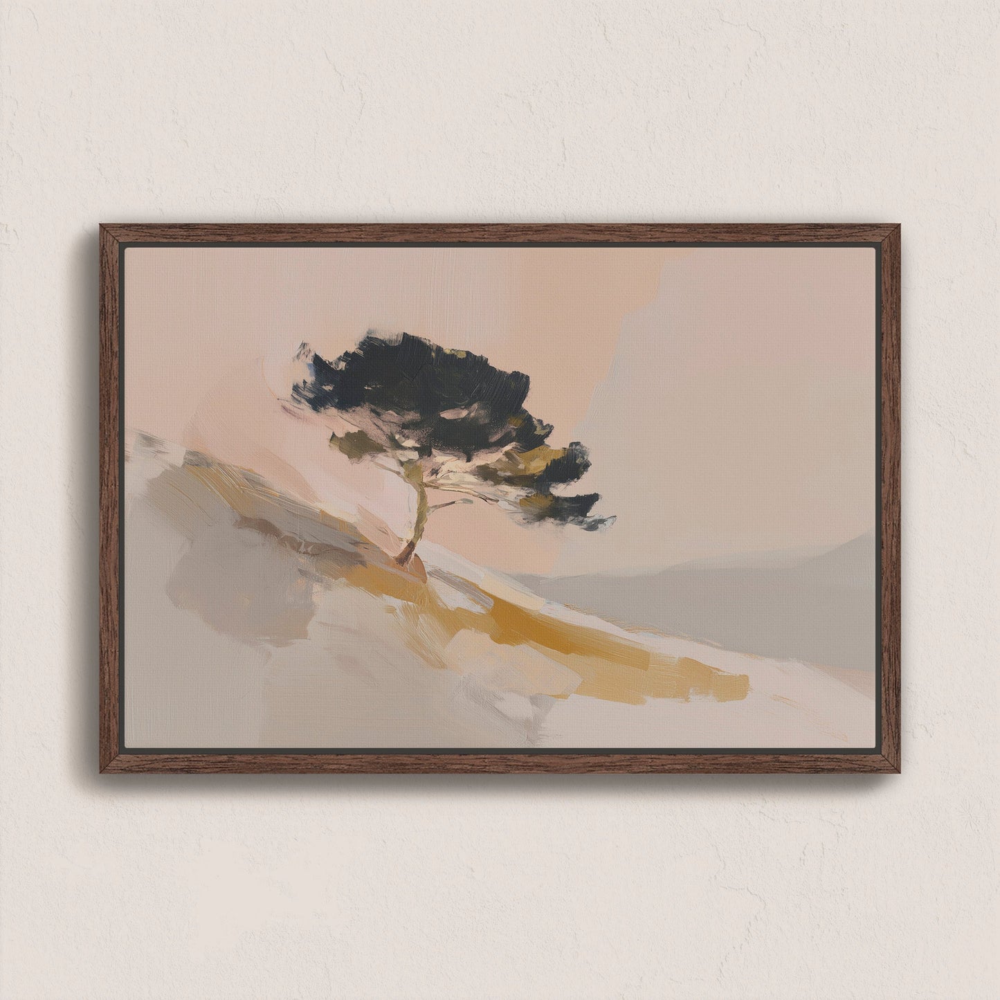 Arbor canvas wall art featuring a lone pine tree on a sunlit hillside in warm neutral tones on gallery-wrapped canvas with walnut frame