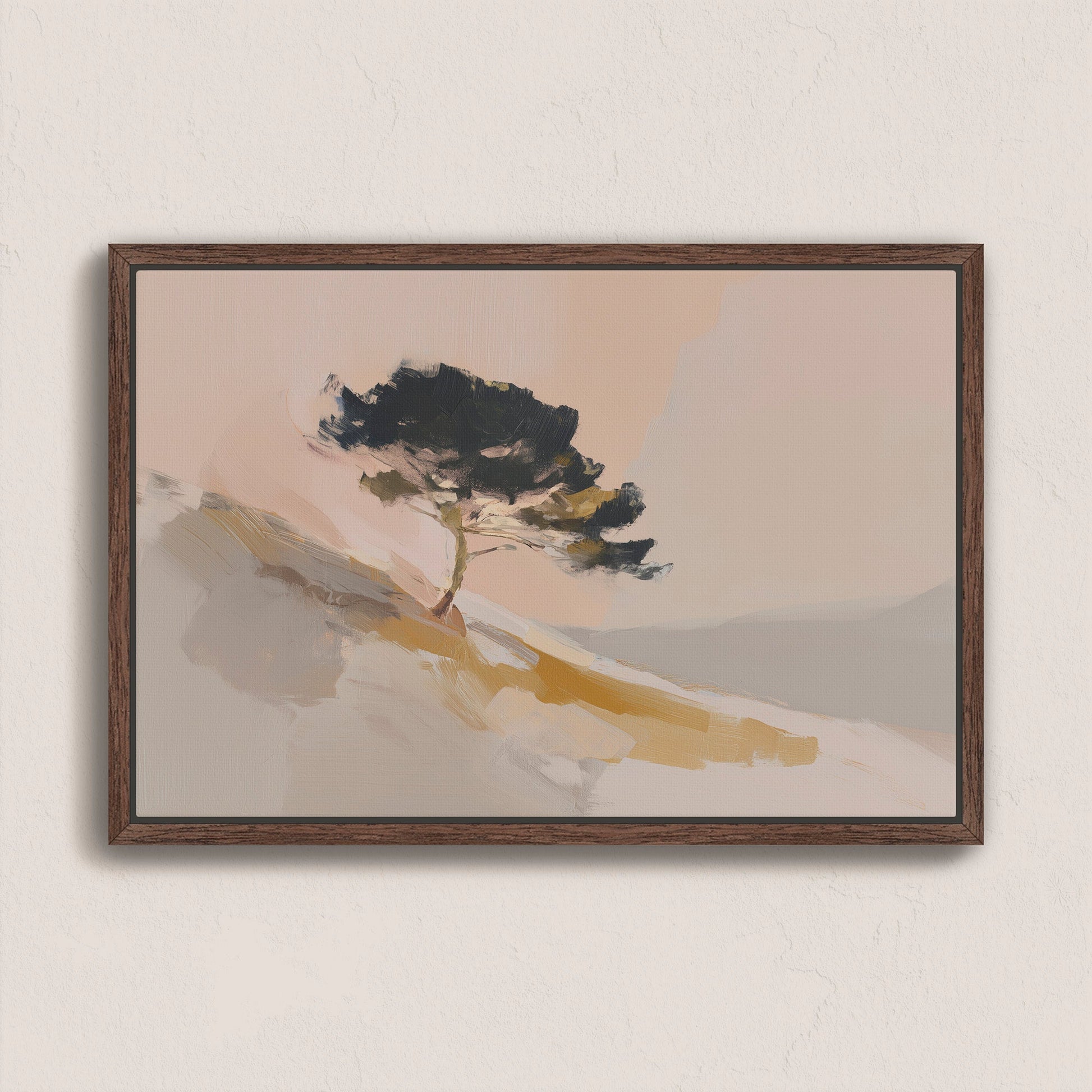 Arbor canvas wall art featuring a lone pine tree on a sunlit hillside in warm neutral tones on gallery-wrapped canvas with walnut frame