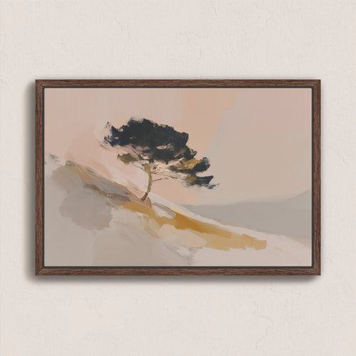 Arbor canvas wall art featuring a lone pine tree on a sunlit hillside in warm neutral tones on gallery-wrapped canvas with walnut frame