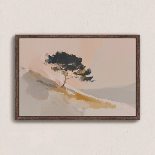 Arbor canvas wall art featuring a lone pine tree on a sunlit hillside in warm neutral tones on gallery-wrapped canvas with walnut frame