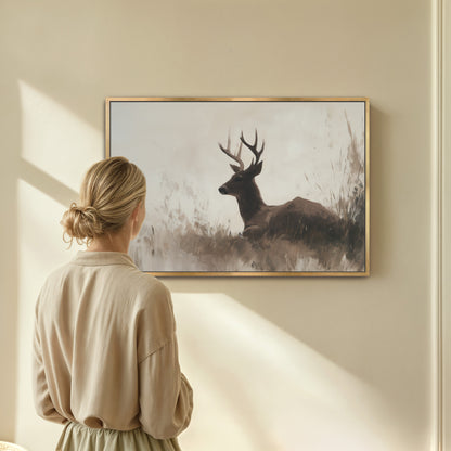 Haven Canvas Print featuring a lone deer resting in soft grasses with a neutral, calming palette and a natural wood frame hanging on a beige wall