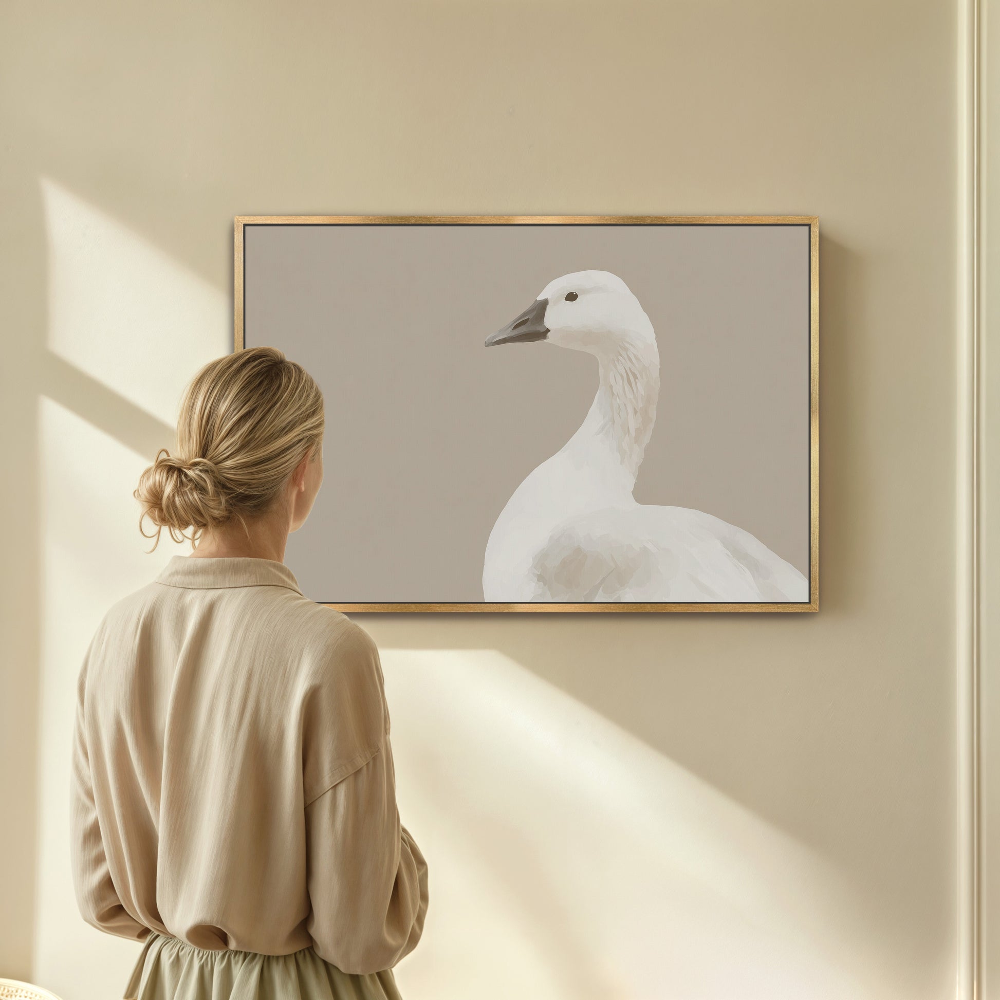 Grace Canvas Print featuring a delicate white bird in soft cream and beige tones, perfect for minimalist and modern decor.