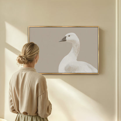 Grace Canvas Print featuring a delicate white bird in soft cream and beige tones, perfect for minimalist and modern decor.