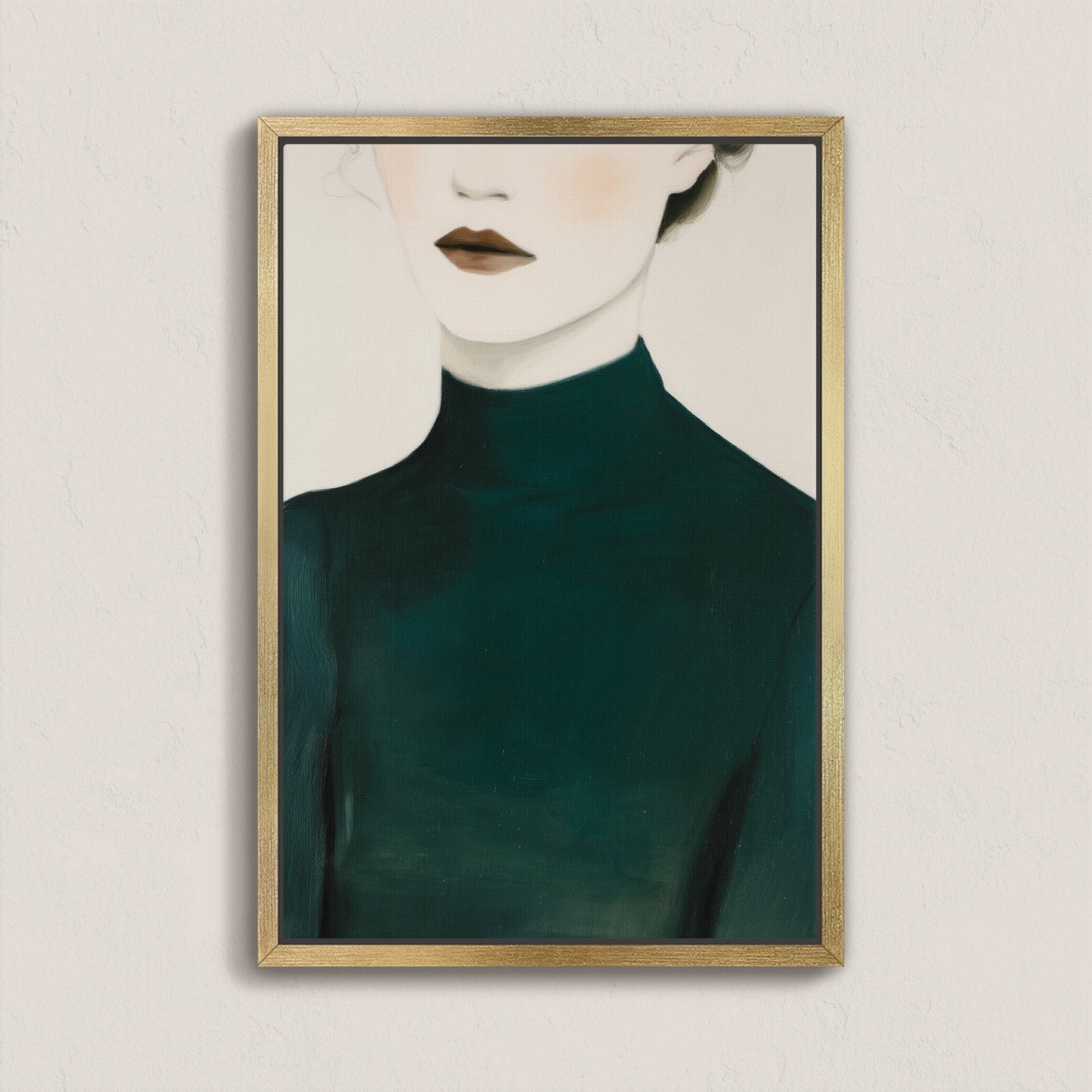 Poise Canvas Print of faceless figure in deep emerald turtleneck with muted skin tones, framed in gold, minimalist modern art on canvas
