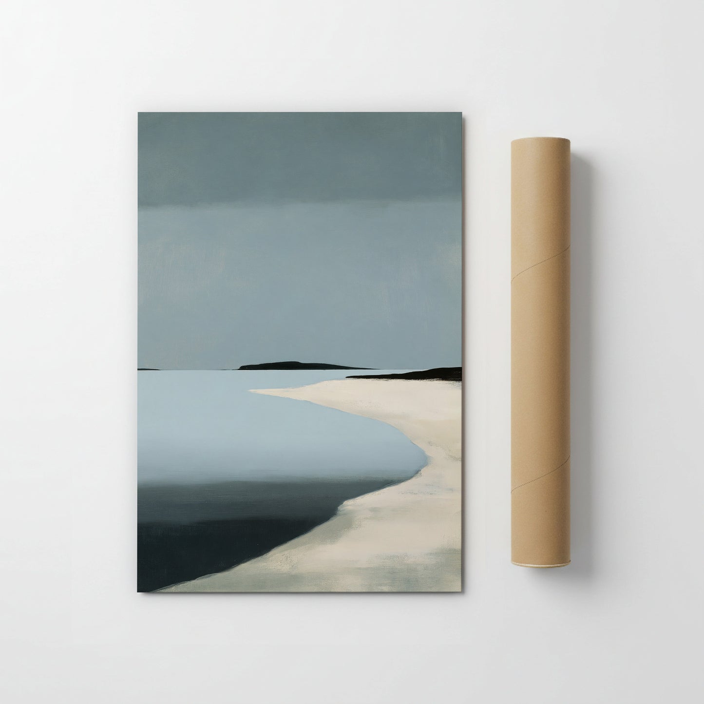 The image is a painting of a beach scene, depicting a calm body of water and a sandy shoreline.