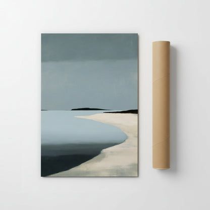 The image is a painting of a beach scene, depicting a calm body of water and a sandy shoreline.