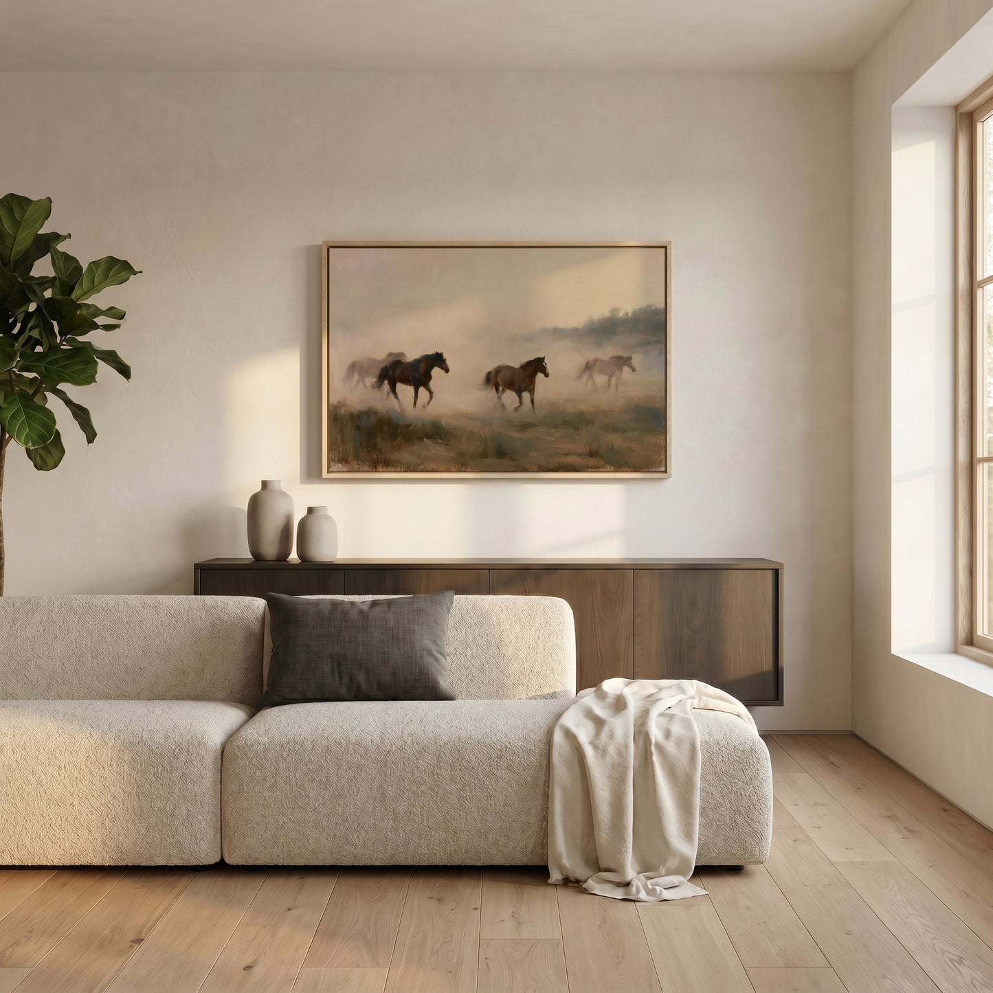 a serene living room with a large painting of horses running across a field hanging on the wall. The room has a beige sofa and a wooden cabinet, creating a warm and inviting atmosphere.