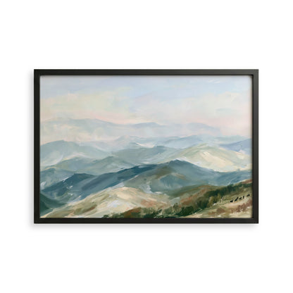 The image is a framed painting depicting a mountainous landscape with rolling hills and valleys.