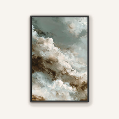 The image is a framed painting depicting a cloudy sky with a mix of white, gray, and brown colors.