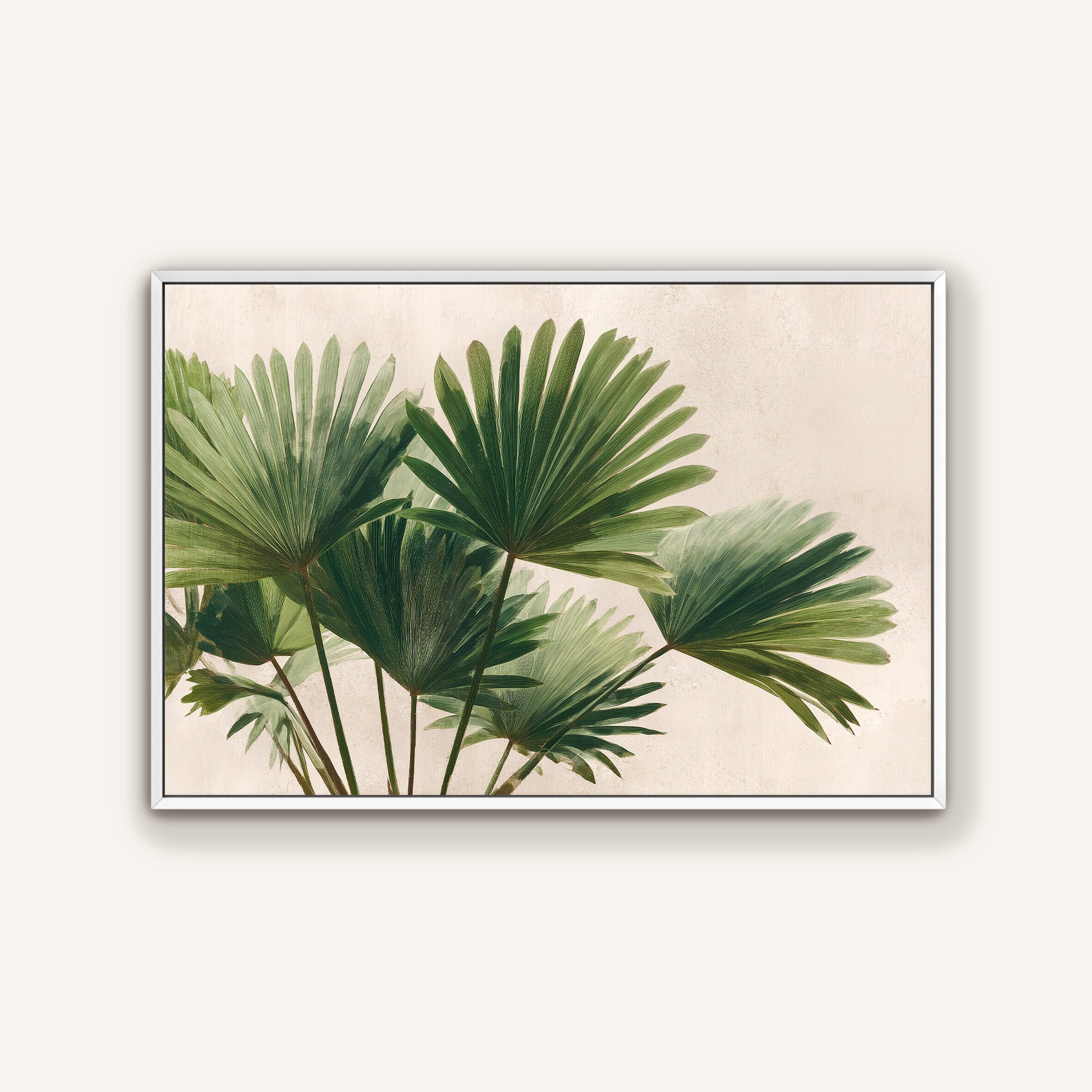 A framed image of a group of green palm leaves against a light background.