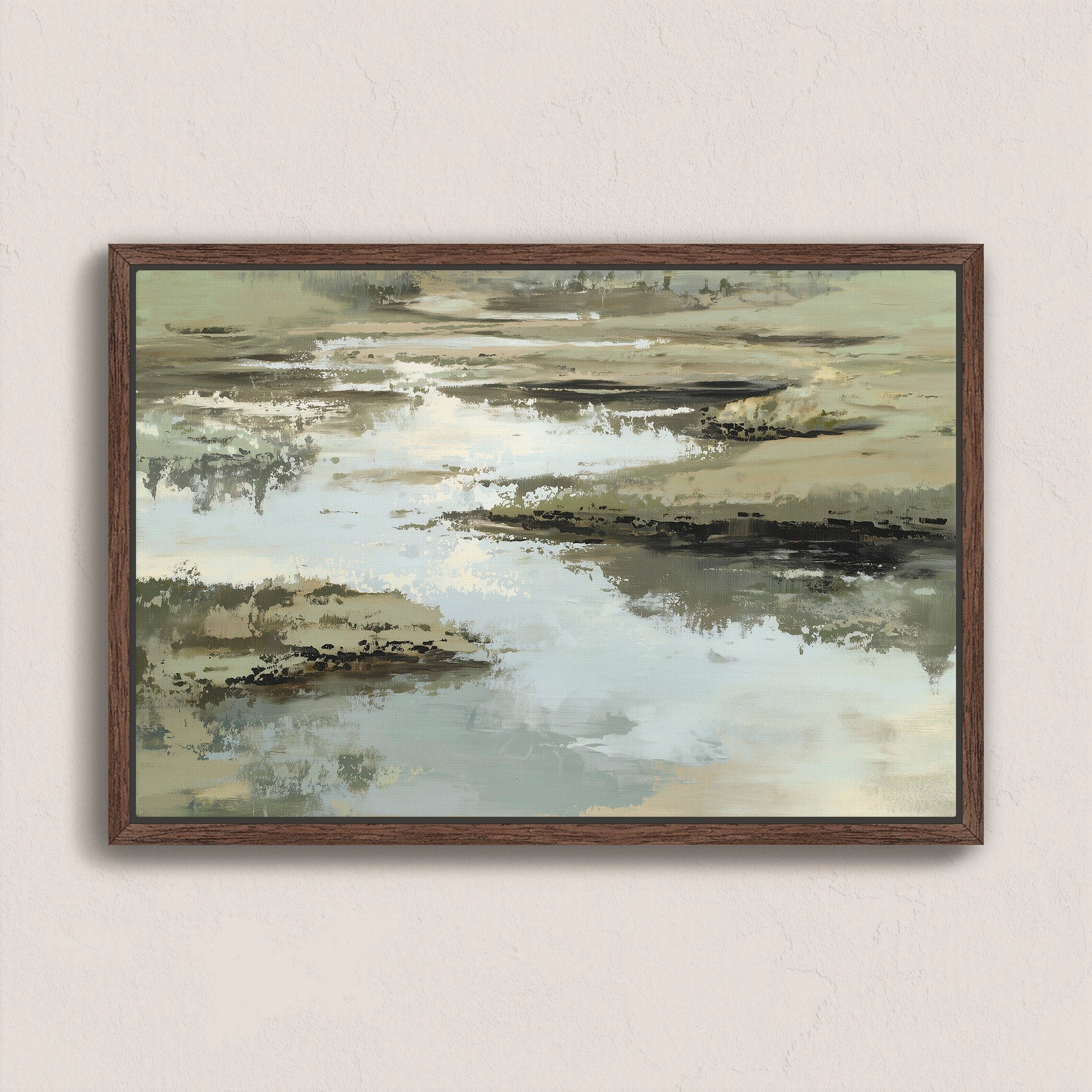 Reed canvas print featuring abstract calm water and earth tones in a walnut frame.