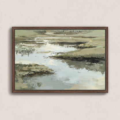 Reed canvas print featuring abstract calm water and earth tones in a walnut frame.