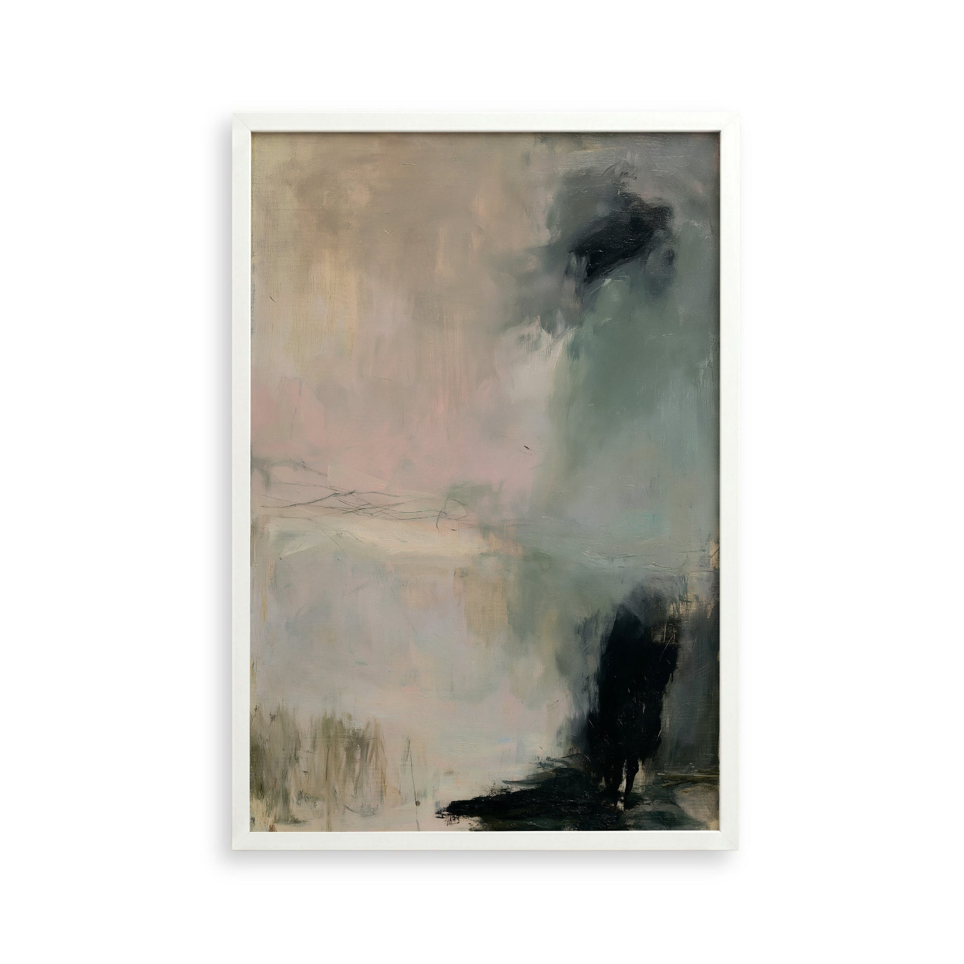 The image is an abstract painting with a predominantly pink and green color palette, featuring a large black shape in the center.