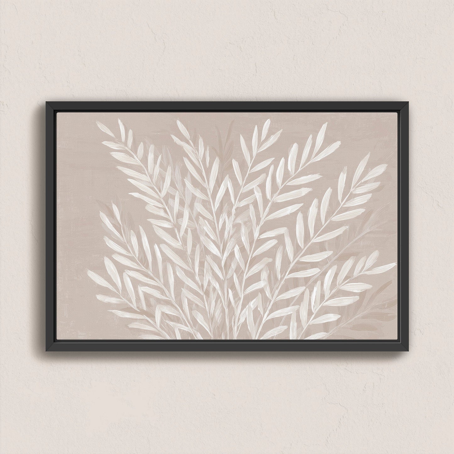 Whisper Canvas Print with slender ivory leaves on soft taupe background in a black frame