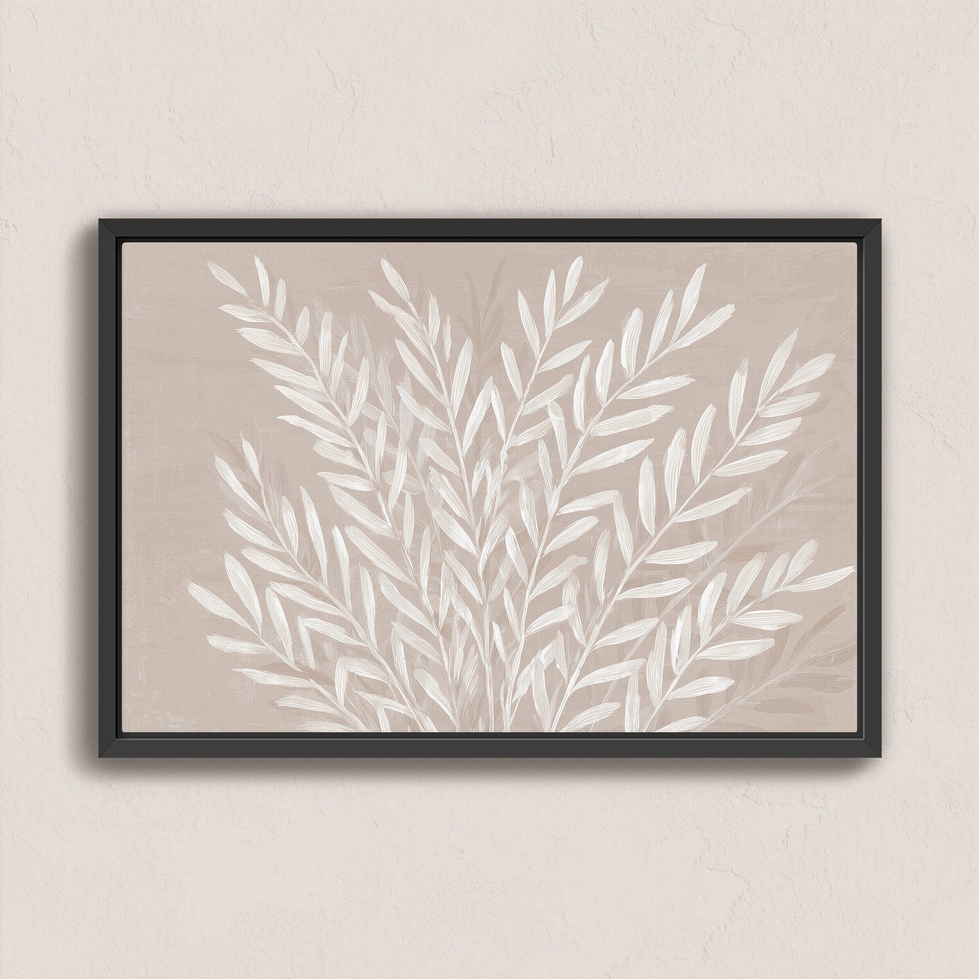 Whisper Canvas Print with slender ivory leaves on soft taupe background in a black frame