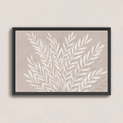 Whisper Canvas Print with slender ivory leaves on soft taupe background in a black frame
