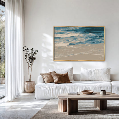 Marin Canvas Print featuring abstract shoreline in blues and neutrals, minimalist coastal wall art in modern living room