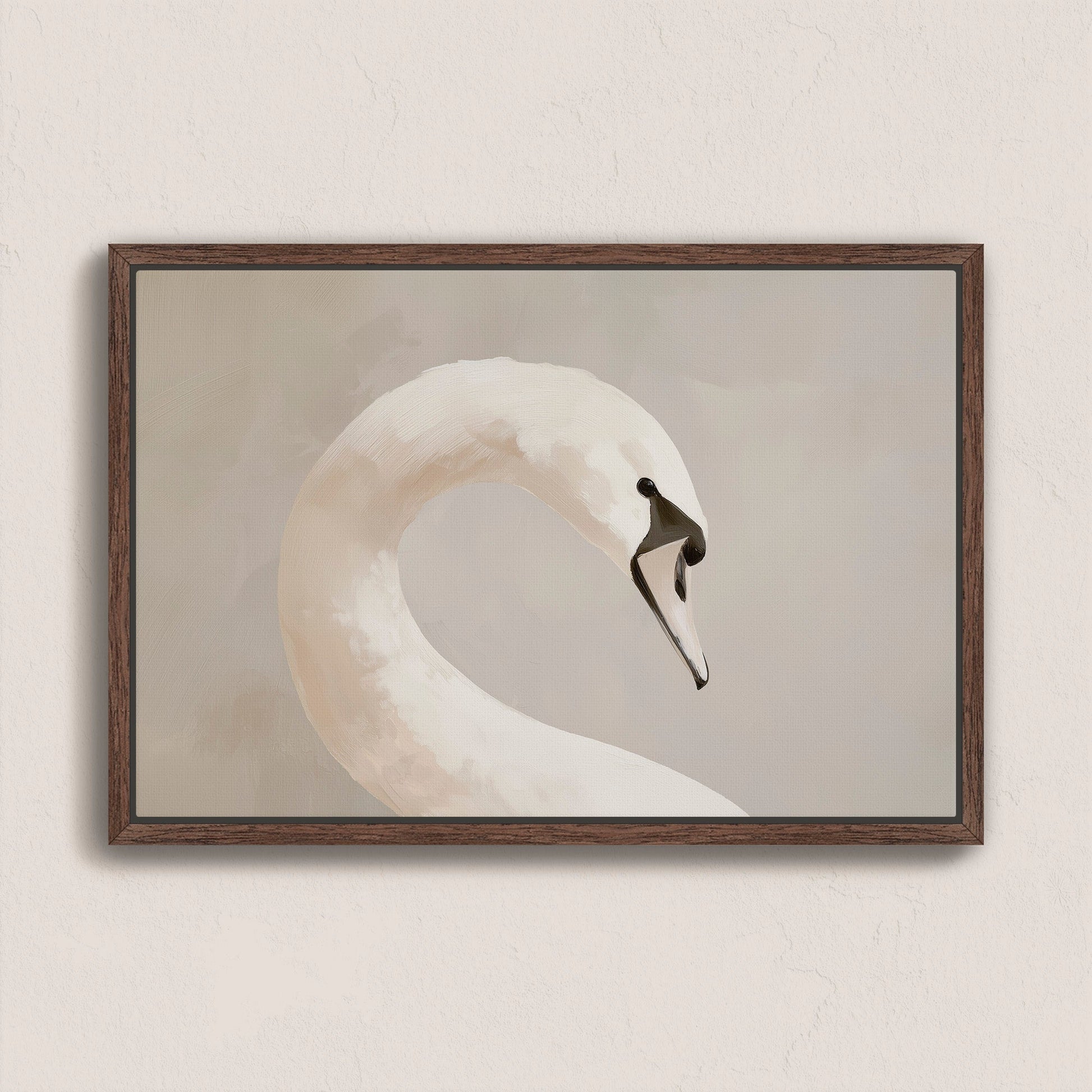 Lumine Canvas Print featuring a minimalist swan in soft muted tones with a walnut frame