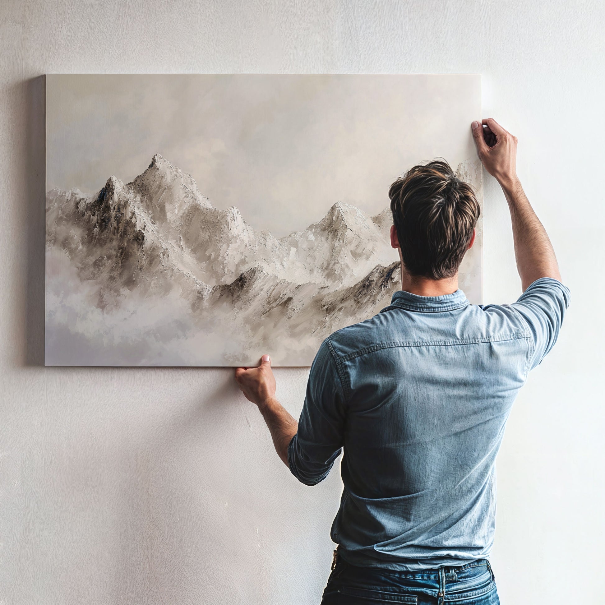 A man is hanging a large landscape painting on a wall.