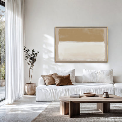 Abstract Sienna Canvas Print in warm golden and ivory tones above white sofa in modern living room