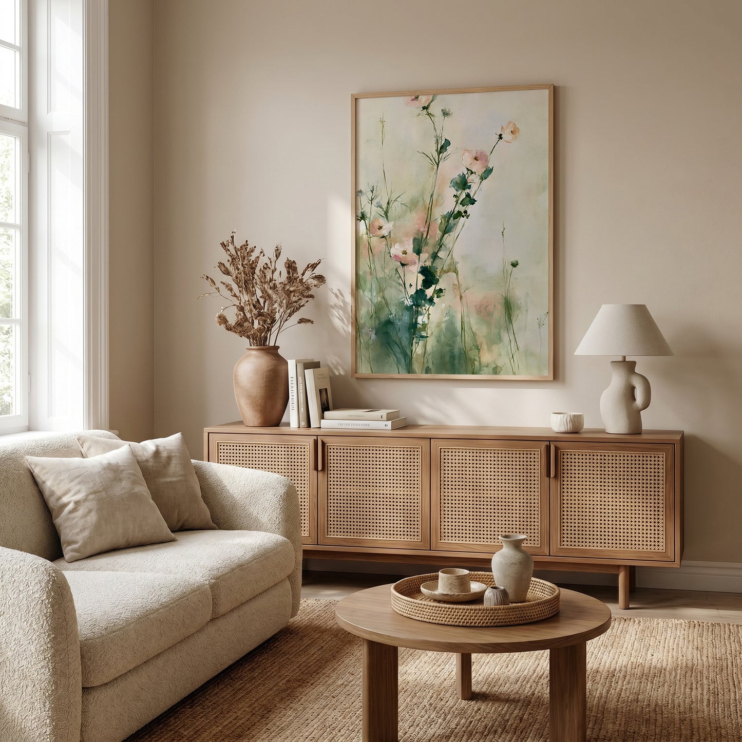 a cozy living room with a beige sofa, a wooden sideboard, a round coffee table, and a framed floral painting on the wall.