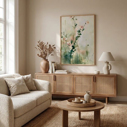 a cozy living room with a beige sofa, a wooden sideboard, a round coffee table, and a framed floral painting on the wall.
